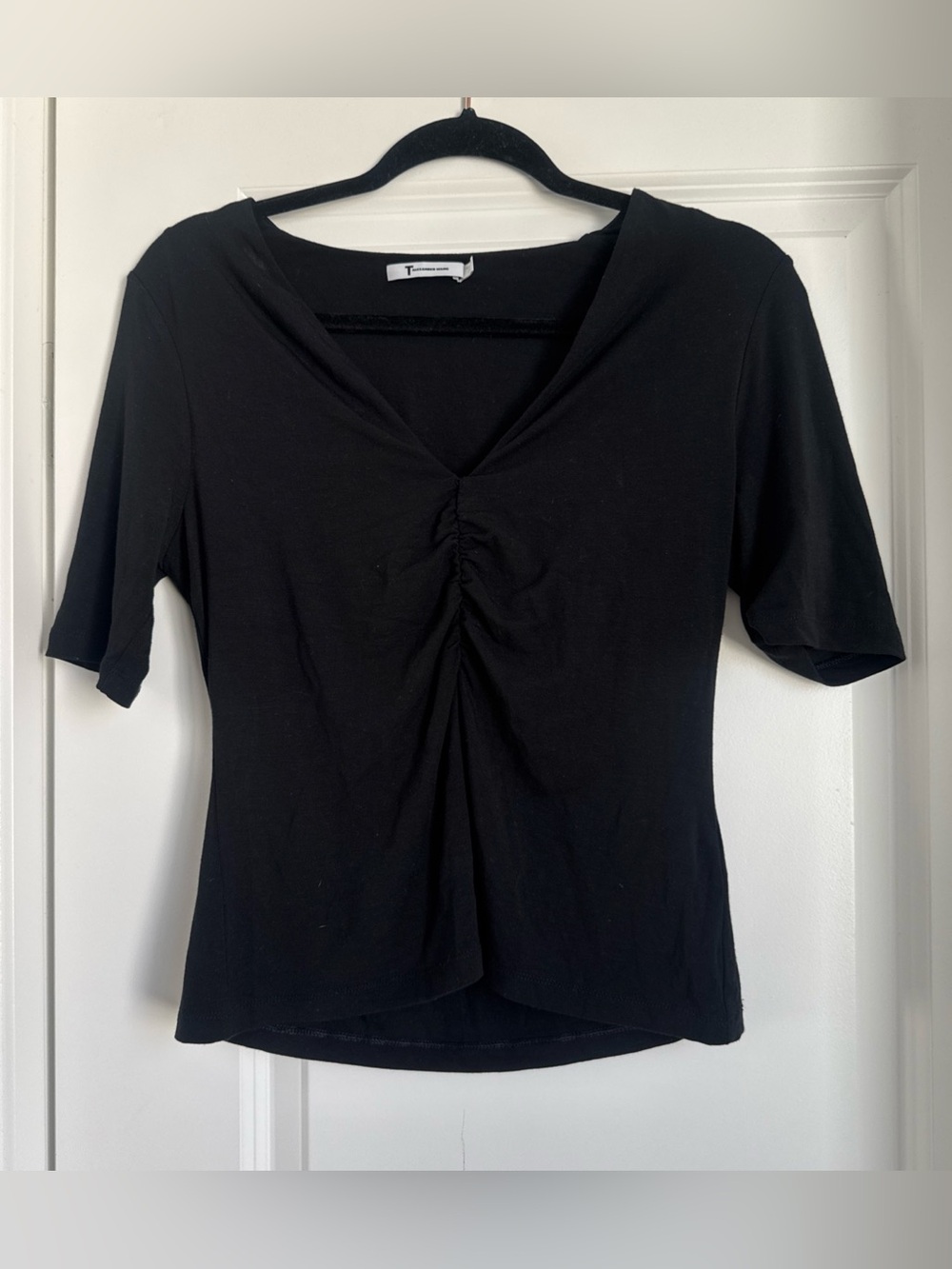 T Alexander Wang Womens Short Sleeve V-Neck  Top Black Stretch Size Medium